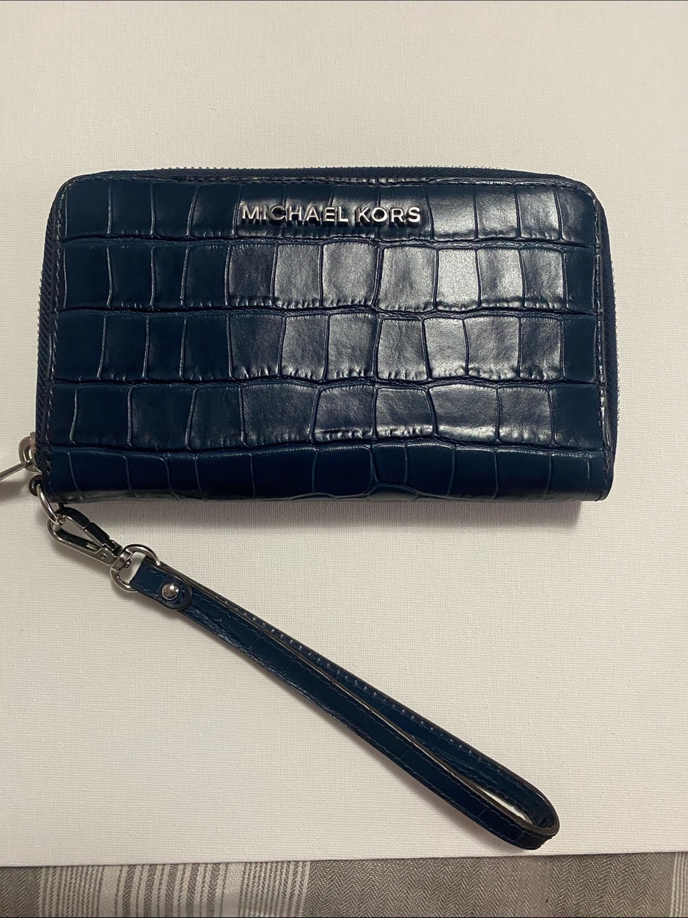 Michael Kors Navy Croc-Embossed Zip Wristlet with Strap